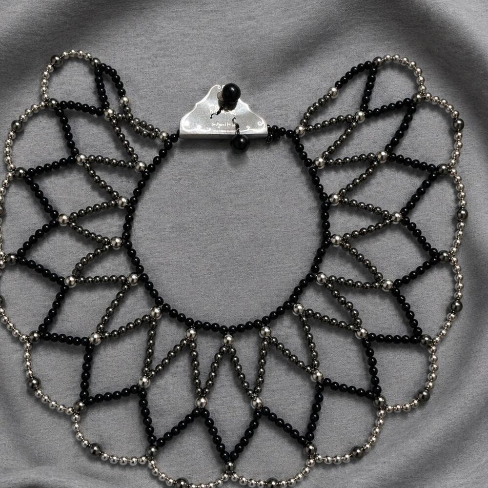 Vintage Fabulous Oversized Black Silver Beaded Bib Statement Necklace